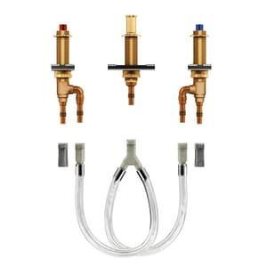 Deck mount roman tub faucet valve with cold expansion adapter kit and quick connect hose.
